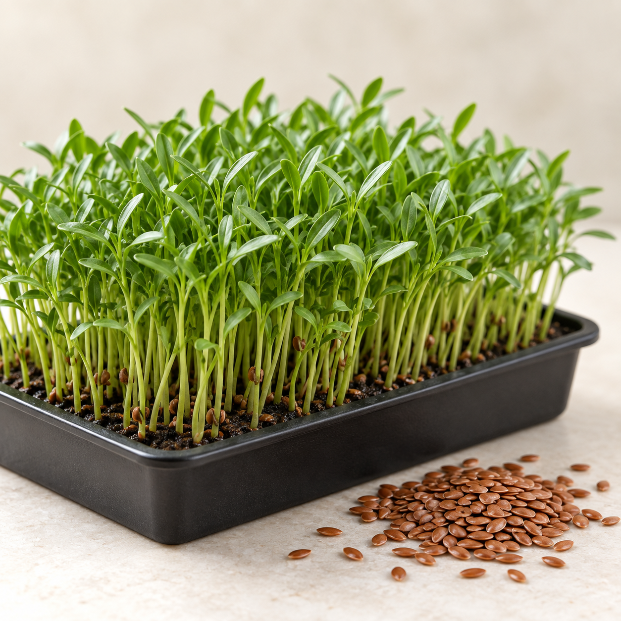 Fresh Flax microgreens growing in a tray with flax seeds