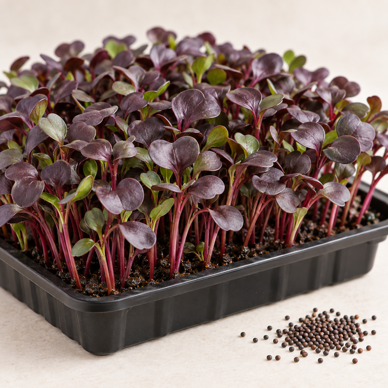 Red Pak Choi microgreens with purple leaves growing in a tray